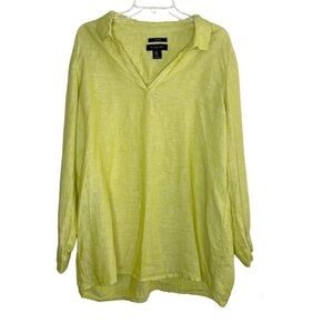 Tahari Lime Green 100% Linen Roll Tab Sleeve Tunic Size 1X V Neck Beach Boho